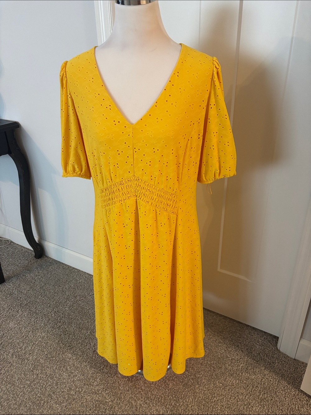 London Times Yellow Eyelet V-Neck  Dress